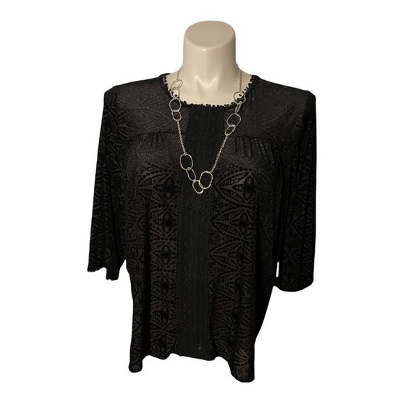 New Directions Petite Velvet Mosaic Textured Print‎ Top Black PXL Mystigoth - Picture 1 of 6
